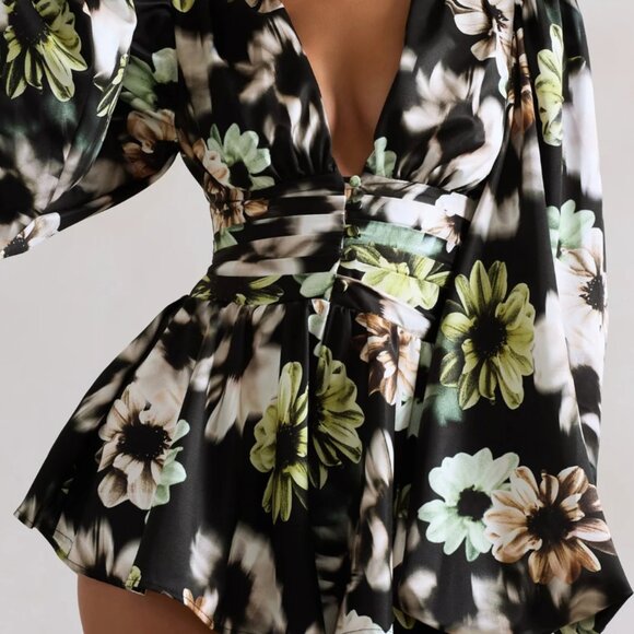 Club L London Katsura Black Floral Print Satin Plunge-Neck Playsuit Size Small - Picture 3 of 3